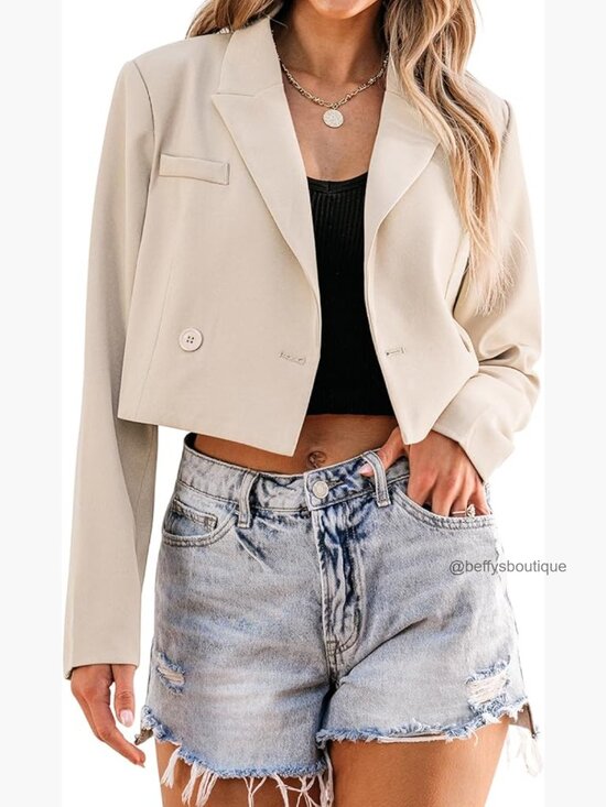 Jackets & Blazers - Cropped Blazer Business Casual Open Front Long Sleeve Suit Jacket Work Office